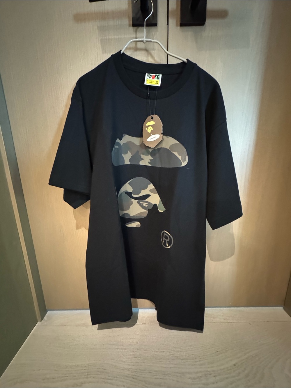 Bape Black Tee with Green Camo Ape Head Graphic